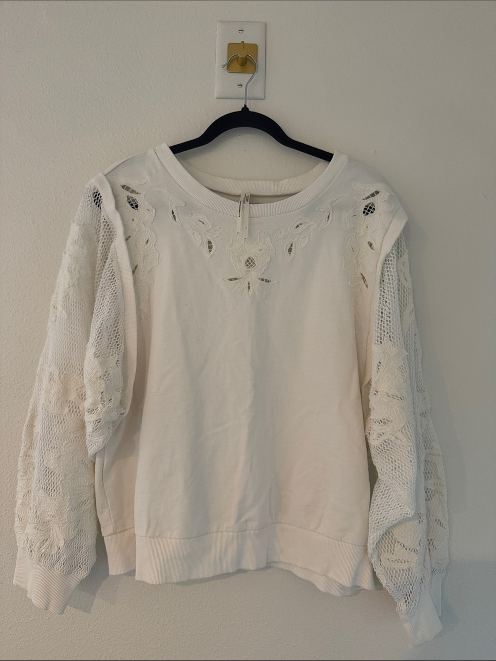 Anthropologie White Lace-Sleeve Pullover Sweatshirt